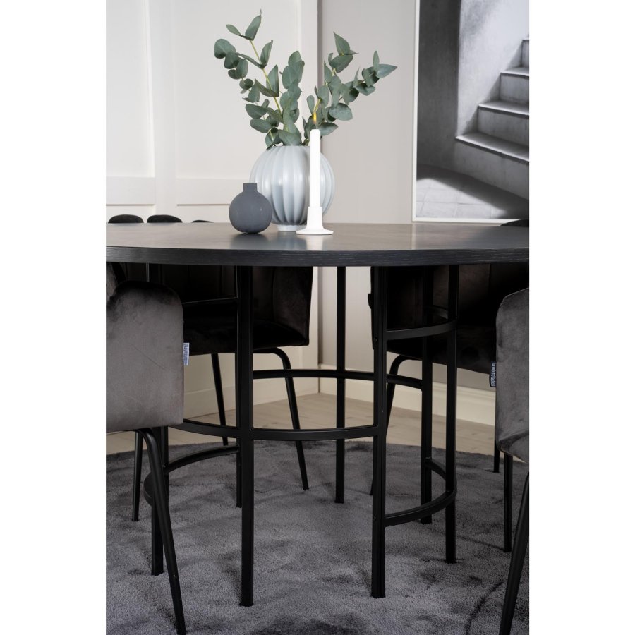 VENTURE DESIGN Copenhagen Esstischset mit 4 Stühlen – schwarzes Furnier/schwarzes Metall und grauer Samt/schwarzes Metall