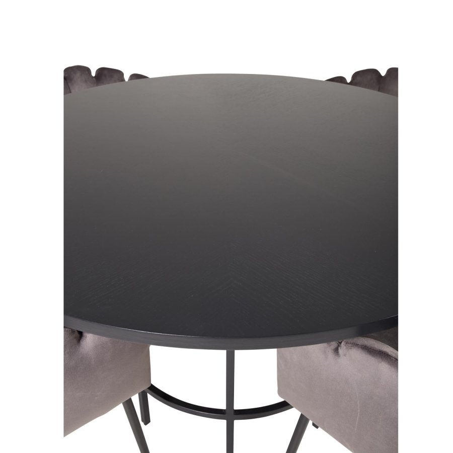 VENTURE DESIGN Copenhagen Esstischset mit 4 Stühlen – schwarzes Furnier/schwarzes Metall und grauer Samt/schwarzes Metall