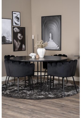 VENTURE DESIGN Copenhagen Esstischset mit 4 Stühlen – schwarzes Furnier/schwarzes Metall und schwarzer Samt/schwarzes Metall