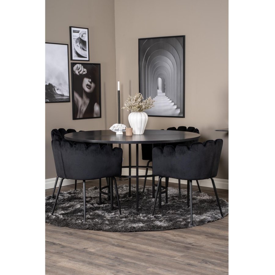 VENTURE DESIGN Copenhagen Esstischset mit 4 Stühlen – schwarzes Furnier/schwarzes Metall und schwarzer Samt/schwarzes Metall