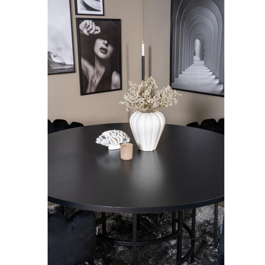 VENTURE DESIGN Copenhagen Esstischset mit 4 Stühlen – schwarzes Furnier/schwarzes Metall und schwarzer Samt/schwarzes Metall