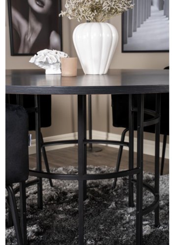 VENTURE DESIGN Copenhagen Esstischset mit 4 Stühlen – schwarzes Furnier/schwarzes Metall und schwarzer Samt/schwarzes Metall