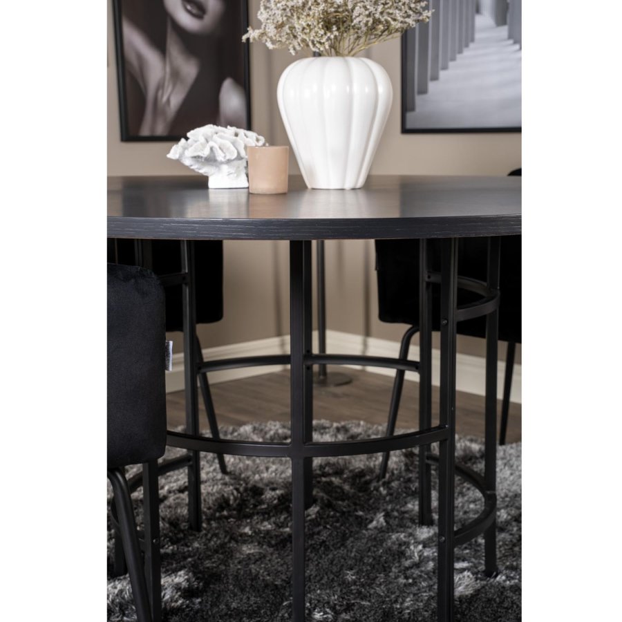 VENTURE DESIGN Copenhagen Esstischset mit 4 Stühlen – schwarzes Furnier/schwarzes Metall und schwarzer Samt/schwarzes Metall