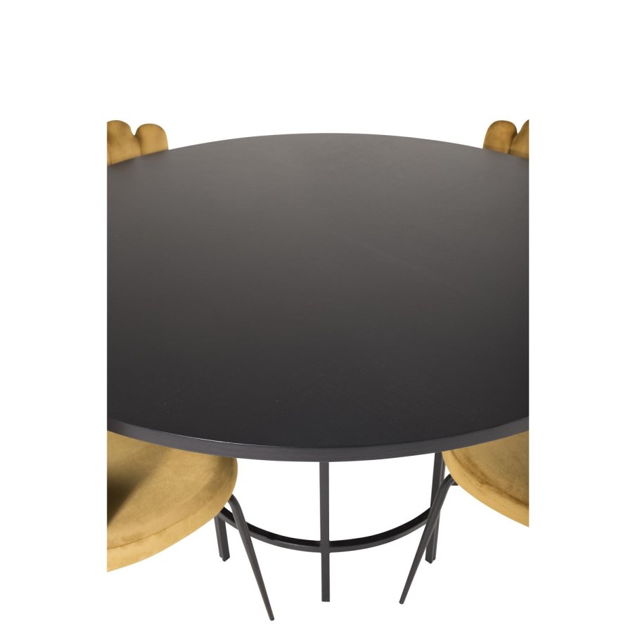 VENTURE DESIGN Copenhagen spisebordsett, m. 4 stoler - sort finr/svart metall og gul flyel/svart metall