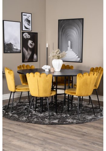VENTURE DESIGN Copenhagen spisebordsett, m. 4 stoler - sort finr/svart metall og gul flyel/svart metall