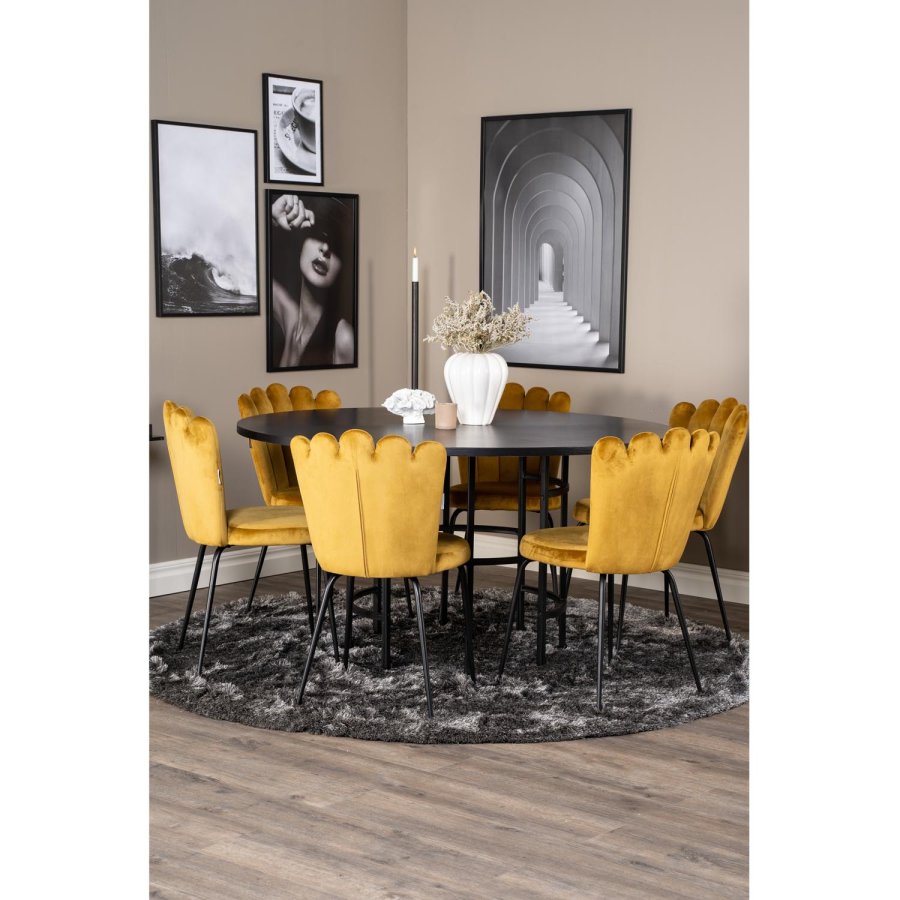 VENTURE DESIGN Copenhagen spisebordsett, m. 4 stoler - sort finr/svart metall og gul flyel/svart metall
