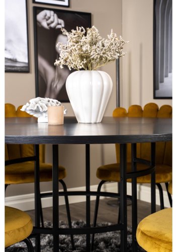 VENTURE DESIGN Copenhagen spisebordsett, m. 4 stoler - sort finr/svart metall og gul flyel/svart metall