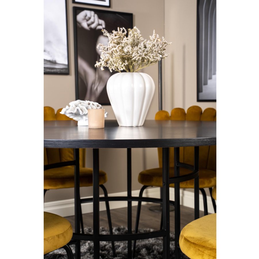 VENTURE DESIGN Copenhagen spisebordsett, m. 4 stoler - sort finr/svart metall og gul flyel/svart metall
