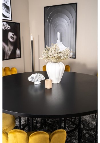 VENTURE DESIGN Copenhagen spisebordsett, m. 4 stoler - sort finr/svart metall og gul flyel/svart metall