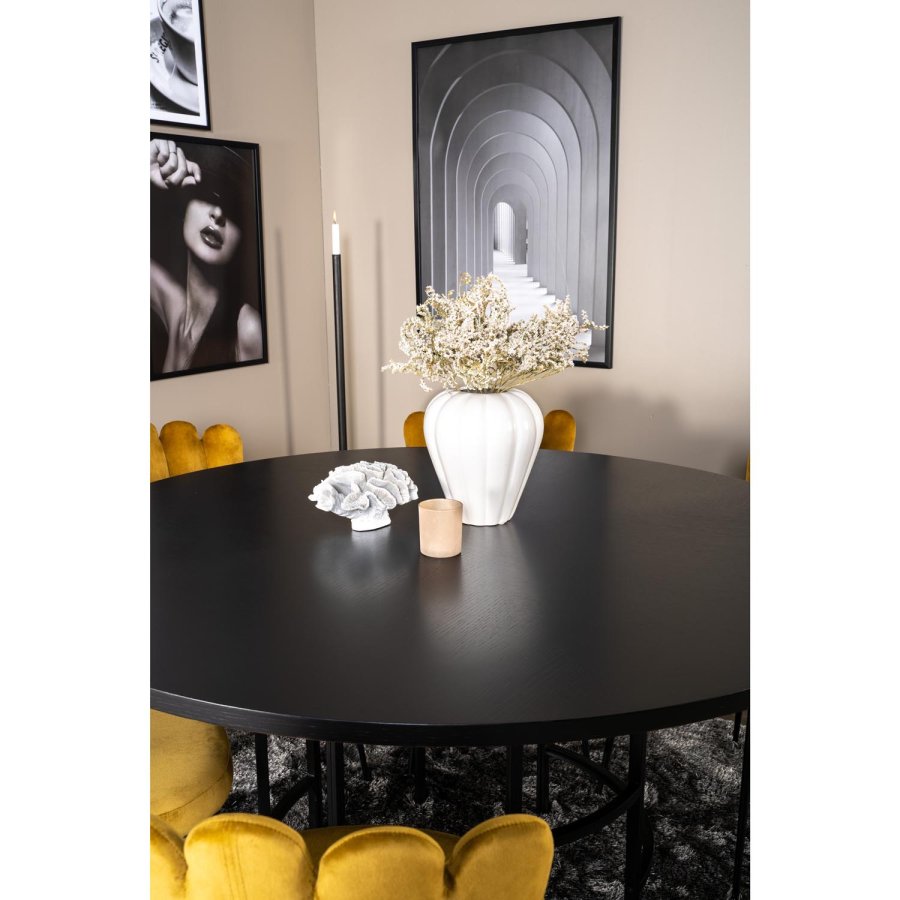 VENTURE DESIGN Copenhagen spisebordsett, m. 4 stoler - sort finr/svart metall og gul flyel/svart metall