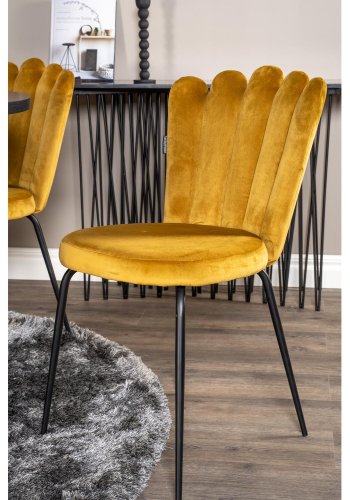 VENTURE DESIGN Copenhagen spisebordsett, m. 4 stoler - sort finr/svart metall og gul flyel/svart metall