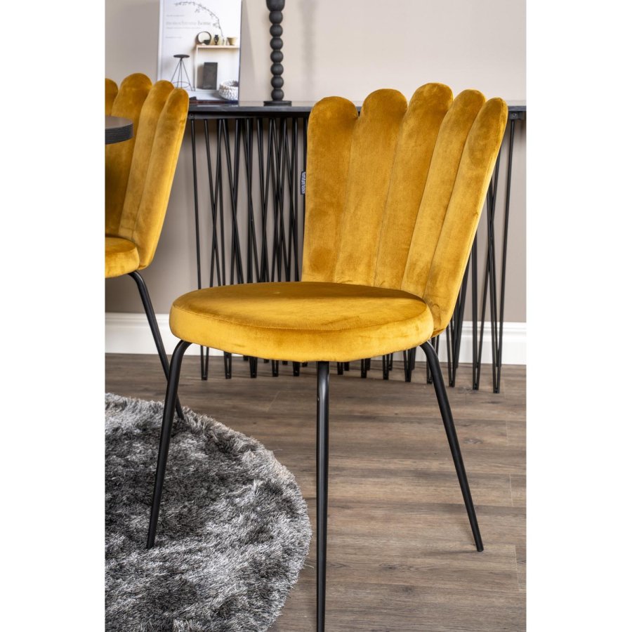 VENTURE DESIGN Copenhagen spisebordsett, m. 4 stoler - sort finr/svart metall og gul flyel/svart metall