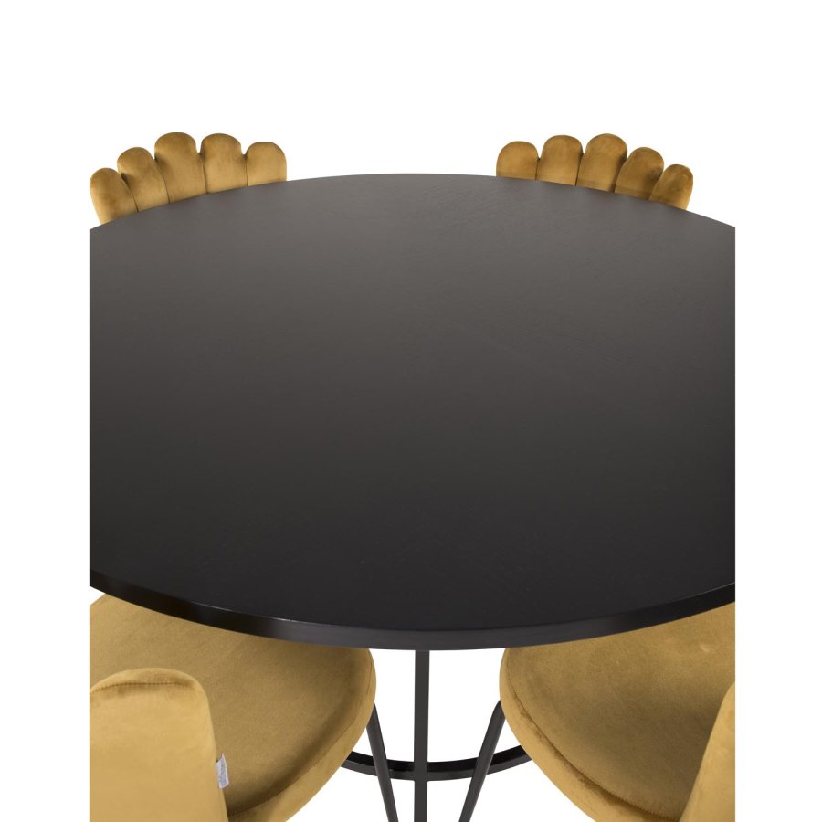 VENTURE DESIGN Copenhagen spisebordsett, m. 4 stoler - sort finr/svart metall og gul flyel/svart metall