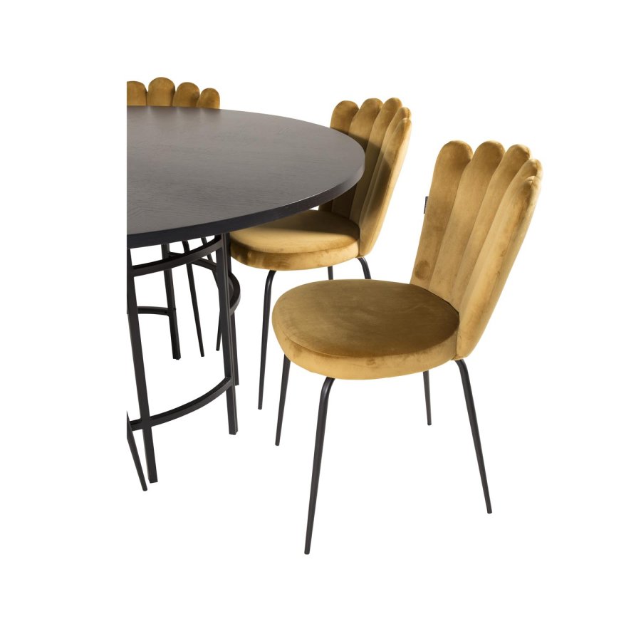 VENTURE DESIGN Copenhagen spisebordsett, m. 4 stoler - sort finr/svart metall og gul flyel/svart metall