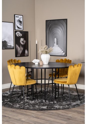 VENTURE DESIGN Copenhagen spisebordsett, m. 4 stoler - sort finér/svart metall og gul flyel/svart metall