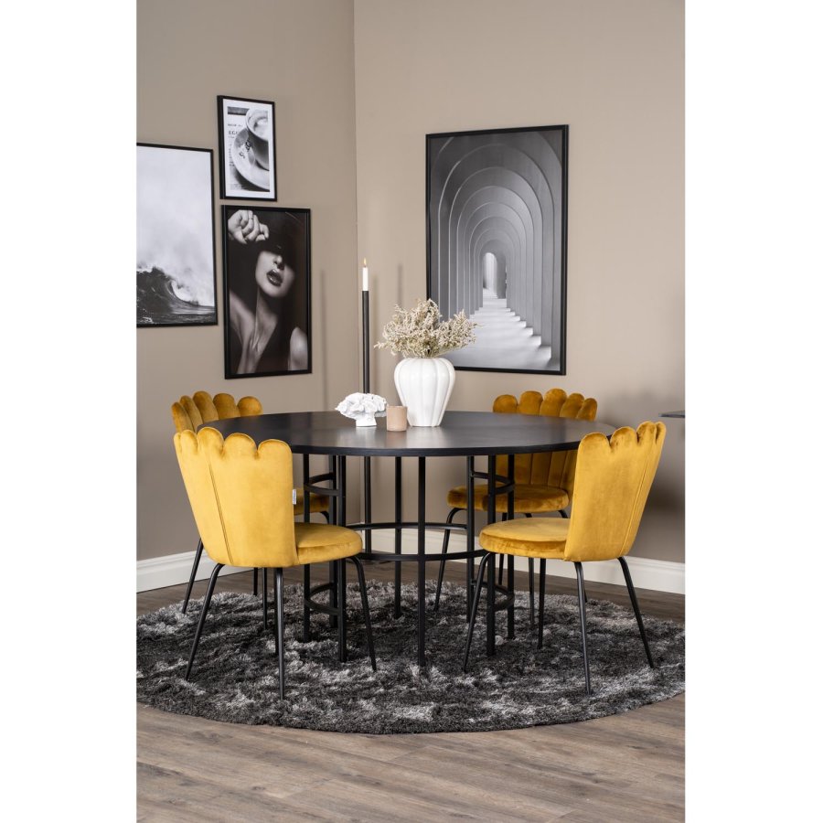 VENTURE DESIGN Copenhagen spisebordsett, m. 4 stoler - sort finér/svart metall og gul flyel/svart metall