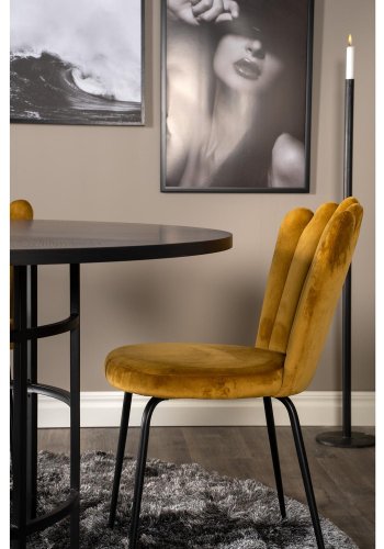 VENTURE DESIGN Copenhagen spisebordsett, m. 4 stoler - sort finér/svart metall og gul flyel/svart metall