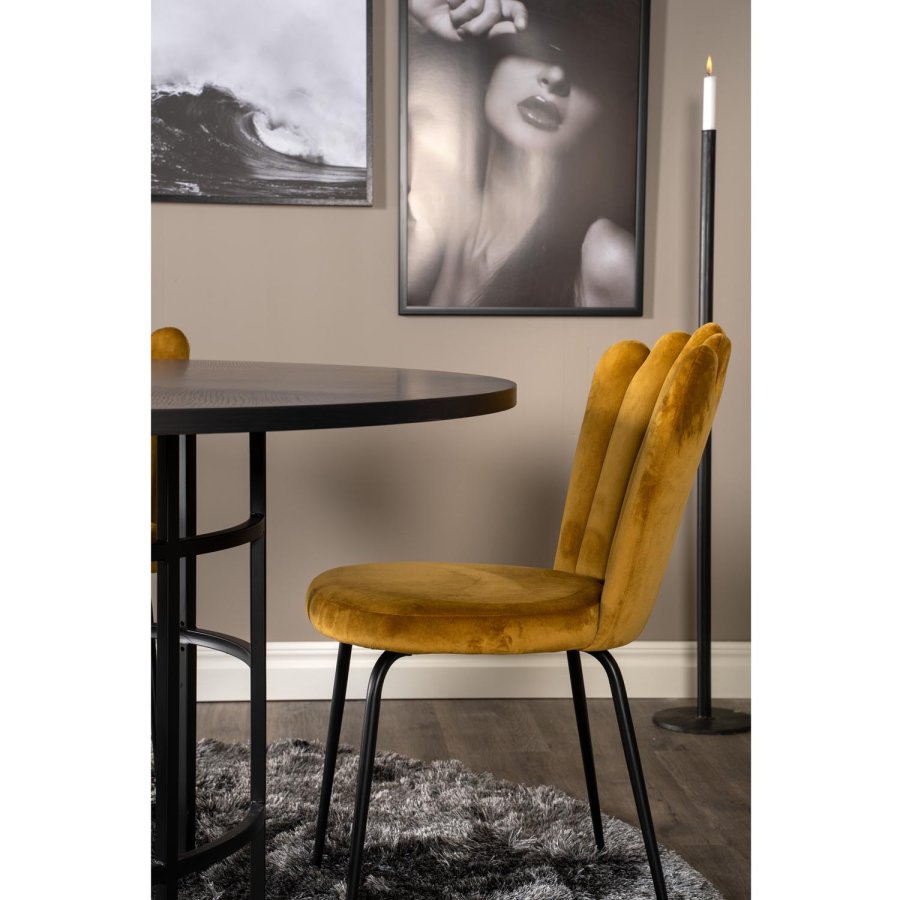 VENTURE DESIGN Copenhagen spisebordsett, m. 4 stoler - sort finér/svart metall og gul flyel/svart metall