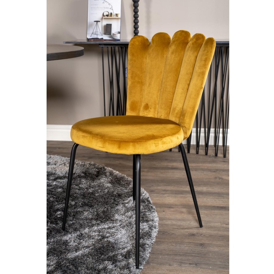 VENTURE DESIGN Copenhagen spisebordsett, m. 4 stoler - sort finér/svart metall og gul flyel/svart metall