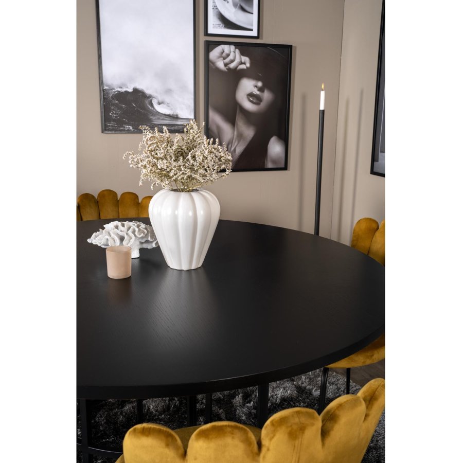 VENTURE DESIGN Copenhagen spisebordsett, m. 4 stoler - sort finér/svart metall og gul flyel/svart metall