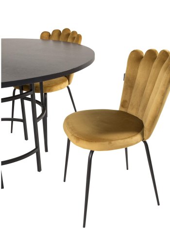 VENTURE DESIGN Copenhagen spisebordsett, m. 4 stoler - sort finér/svart metall og gul flyel/svart metall