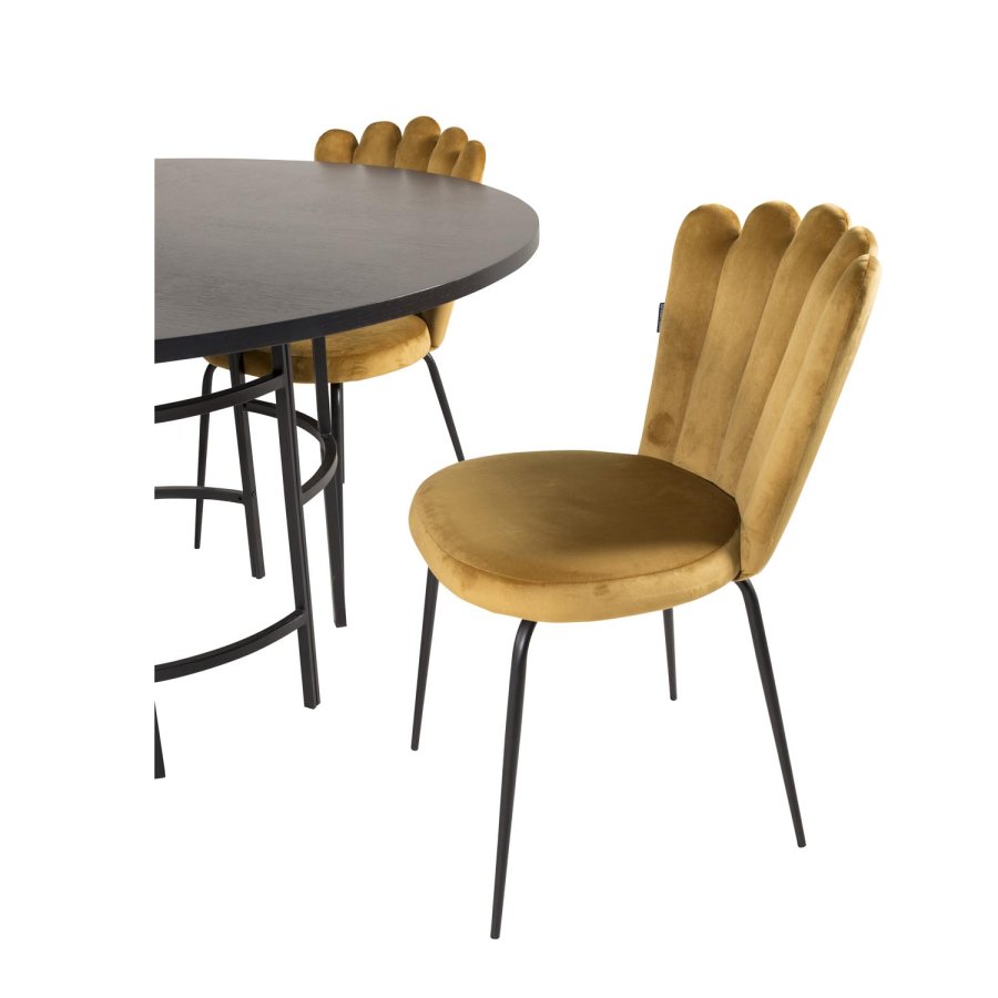 VENTURE DESIGN Copenhagen spisebordsett, m. 4 stoler - sort finér/svart metall og gul flyel/svart metall