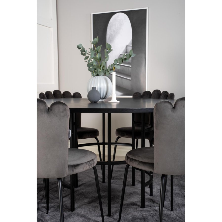 VENTURE DESIGN Copenhagen spisebordsett, m. 4 stoler - sort finér/svart metall og gr flyel/svart metall