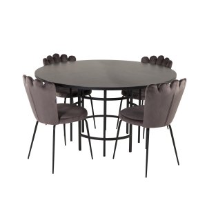 VENTURE DESIGN Copenhagen Matbordsset, med 4 Stolar - Svart Fanér / Svart Metall och Gr Sammet / Svart Metall