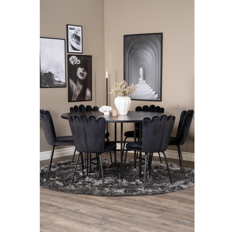 VENTURE DESIGN Copenhagen spisebordsett, m. 4 stoler - sort finér/svart metall og sort flyel/svart metall