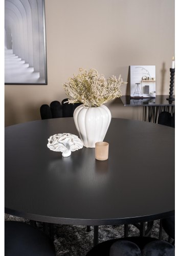 VENTURE DESIGN Copenhagen spisebordsett, m. 4 stoler - sort finér/svart metall og sort flyel/svart metall