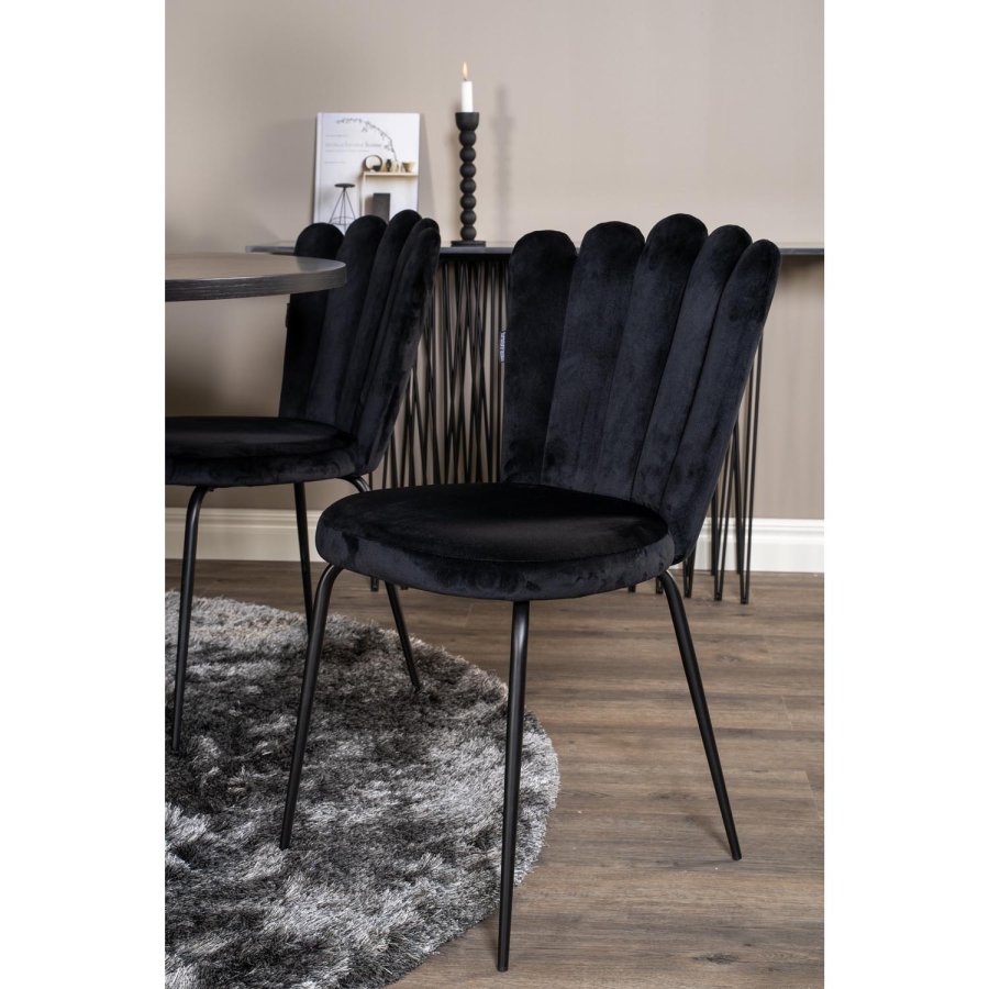 VENTURE DESIGN Copenhagen spisebordsett, m. 4 stoler - sort finér/svart metall og sort flyel/svart metall