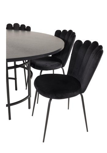 VENTURE DESIGN Copenhagen spisebordsett, m. 4 stoler - sort finér/svart metall og sort flyel/svart metall