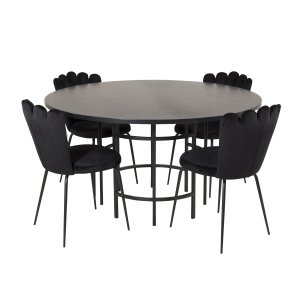 VENTURE DESIGN Copenhagen Matbordsset, med 4 Stolar - Svart Fanér / Svart Metall och Svart Sammet / Svart Metall