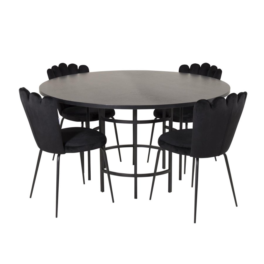 VENTURE DESIGN Copenhagen spisebordsett, m. 4 stoler - sort finér/svart metall og sort flyel/svart metall
