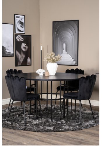 VENTURE DESIGN Copenhagen spisebordsett, m. 4 stoler - sort finér/svart metall og sort flyel/svart metall