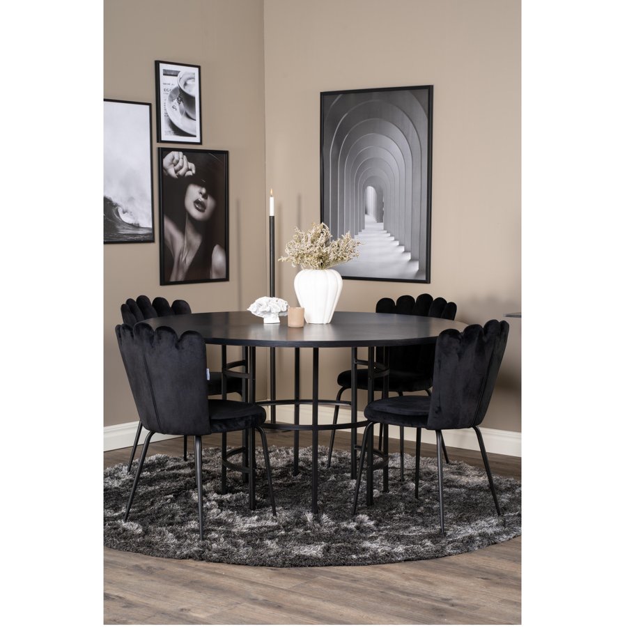 VENTURE DESIGN Copenhagen spisebordsett, m. 4 stoler - sort finér/svart metall og sort flyel/svart metall
