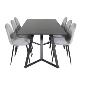 VENTURE DESIGN Marina Matbordsset, med 6 Stolar - Svart Fanér / Svart Metall och Gr Sammet / Svart Metall