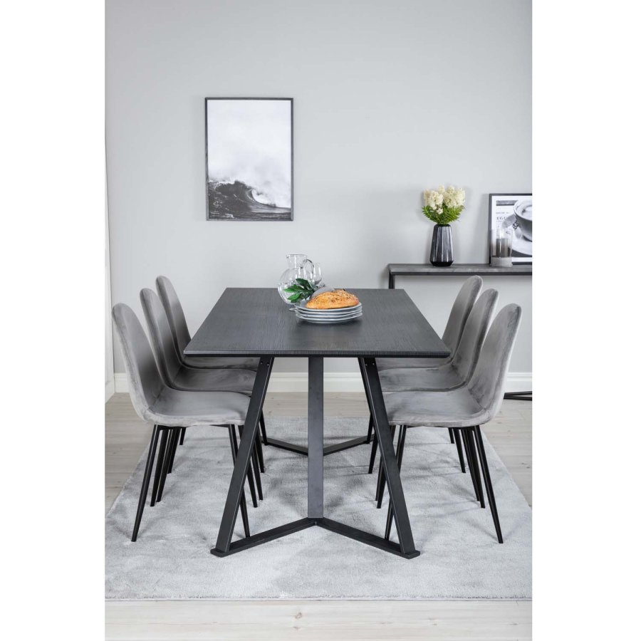 VENTURE DESIGN Marina spisebordsst, m. 6 stole - sort finer/sort metal og gr fljl/sort metal