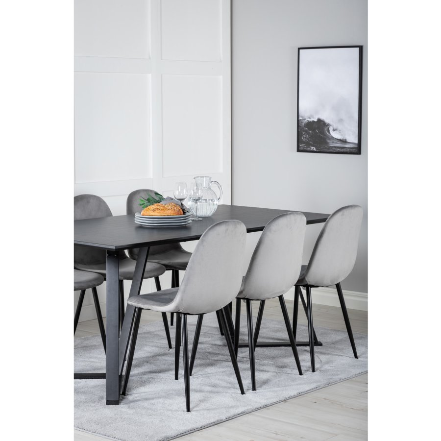 VENTURE DESIGN Marina spisebordsst, m. 6 stole - sort finer/sort metal og gr fljl/sort metal