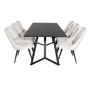 VENTURE DESIGN Marina Matbordsset, med 6 Stolar - Svart Fanér / Svart Metall och Beige Sammet / Svart Metall