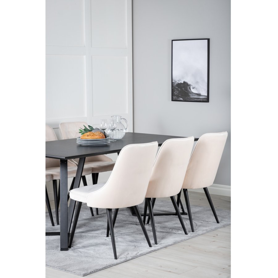 VENTURE DESIGN Marina spisebordsst, m. 6 stole - sort finer/sort metal og beige fljl/sort metal