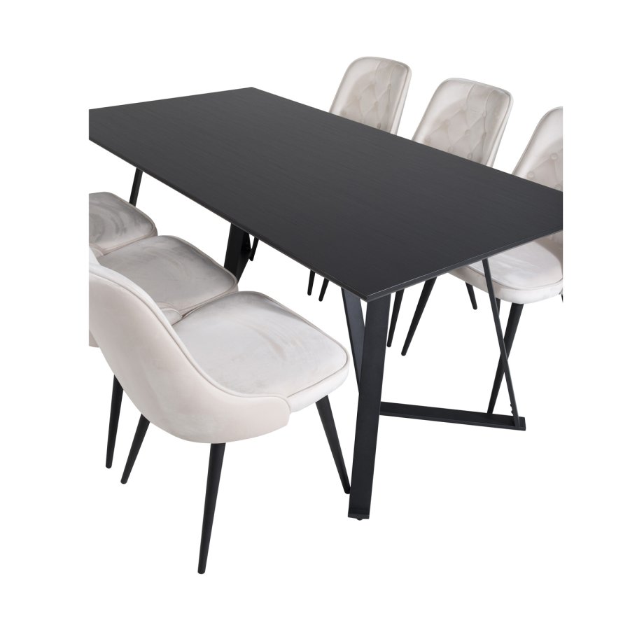 VENTURE DESIGN Marina spisebordsst, m. 6 stole - sort finer/sort metal og beige fljl/sort metal