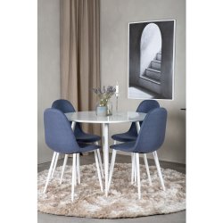 Plaza spisebordsst, m. 4 stole - hvid MDF/hvid metal og bl stof/hvid metal