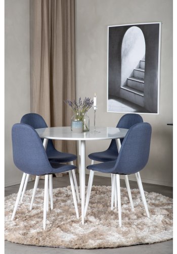 VENTURE DESIGN Plaza spisebordsett, m. 4 stoler - hvit MDF/hvit metall og bltt stoff/hvit metall