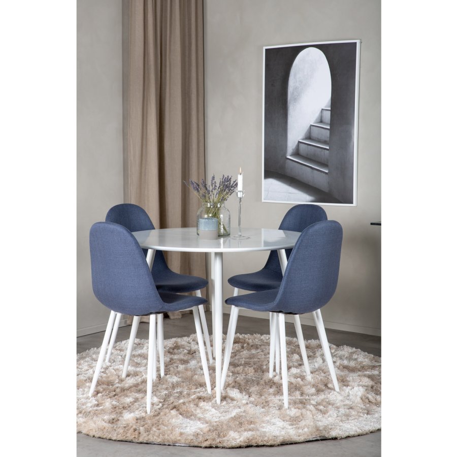 VENTURE DESIGN Plaza spisebordsett, m. 4 stoler - hvit MDF/hvit metall og bltt stoff/hvit metall