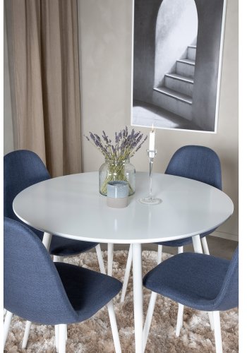 VENTURE DESIGN Plaza spisebordsett, m. 4 stoler - hvit MDF/hvit metall og bltt stoff/hvit metall