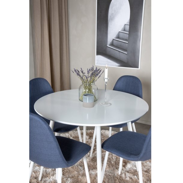 Plaza spisebordsst, m. 4 stole - hvid MDF/hvid metal og bl stof/hvid metal