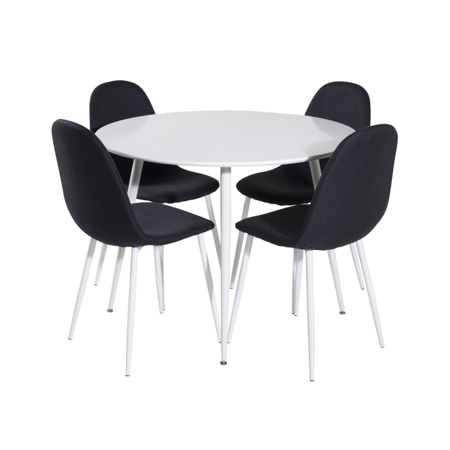 VENTURE DESIGN Plaza spisebordsett, m. 4 stoler - hvit MDF/hvit metall og sort stoff/hvit metall