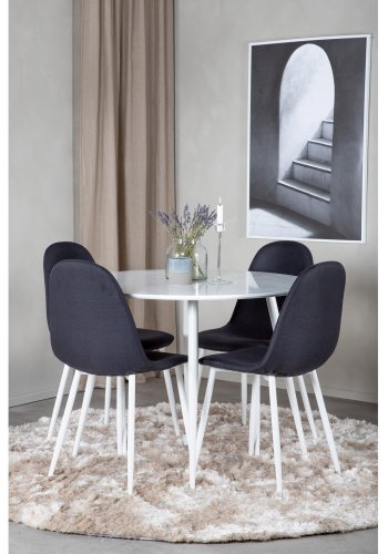 VENTURE DESIGN Plaza spisebordsett, m. 4 stoler - hvit MDF/hvit metall og sort stoff/hvit metall