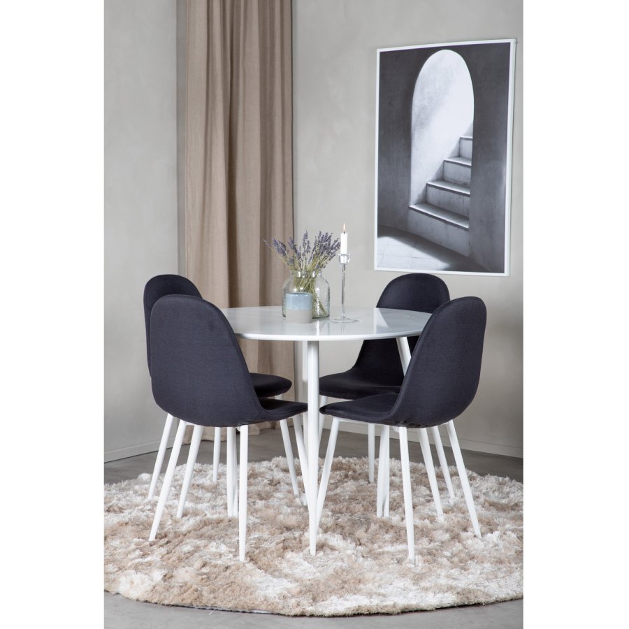 VENTURE DESIGN Plaza spisebordsett, m. 4 stoler - hvit MDF/hvit metall og sort stoff/hvit metall